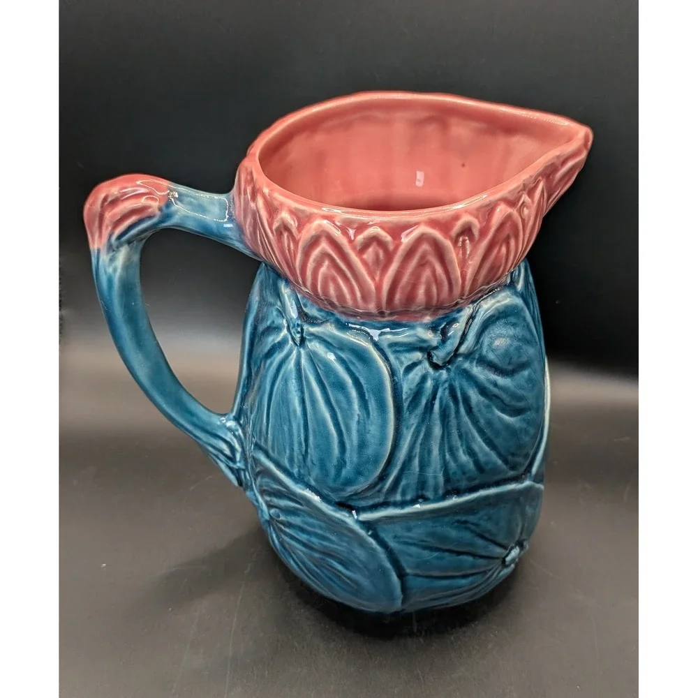 Majolica Water Lily Pitcher Style of Joseph Holdcroft Pottery England